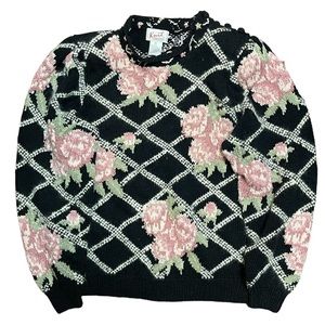 Vintage Knit Concepts black sweater with‎ pink flowers sequin accents size small
